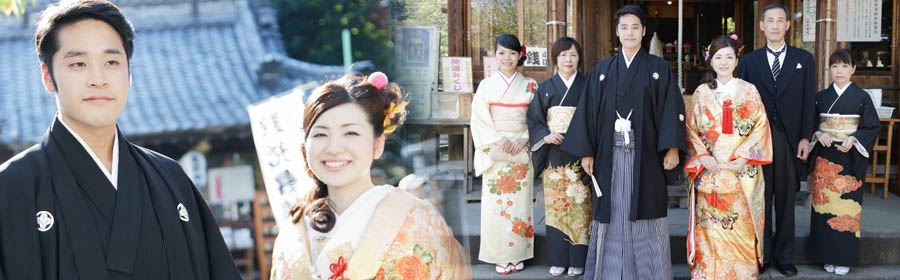 写真: 紋付の花婿と引き振袖の花嫁・結婚式の記念撮影